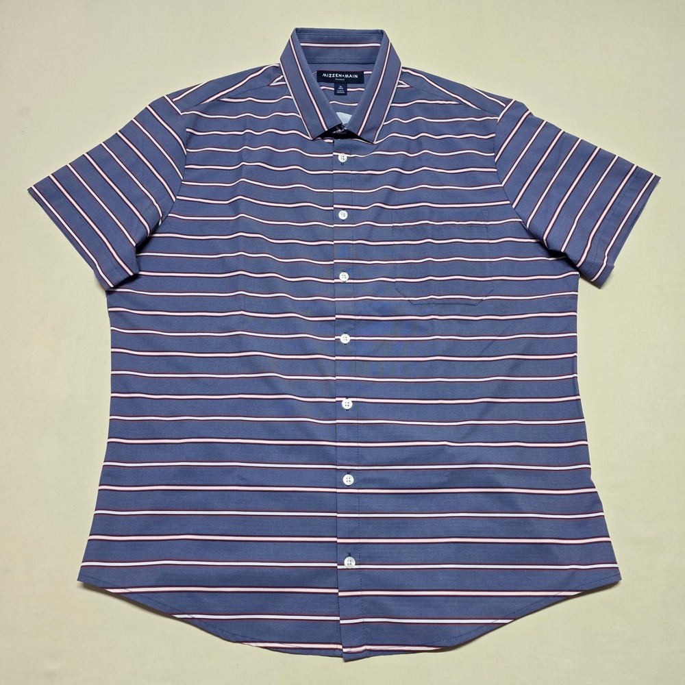 Mizzen + Main Leeward XL Trim Blue Striped Short Sleeve Dress Shirt Slim Fit